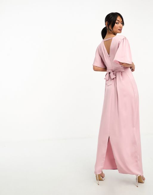 Vestido de dama de honor largo rosa con mangas acampanadas y lazada en la cintura de Vila, 4 de 4