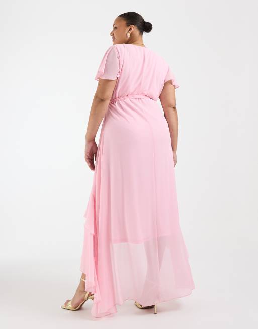 Vestido de dama de honor largo rosa con volantes y bajo asimétrico de chifón de TFNC Plus, 3 de 4