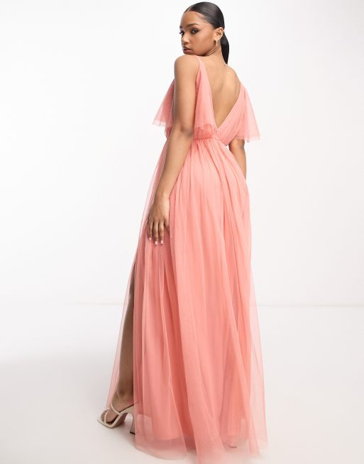 Vestido de dama de honor largo rosa coral con escote y espalda de pico de Anaya, 3 de 4