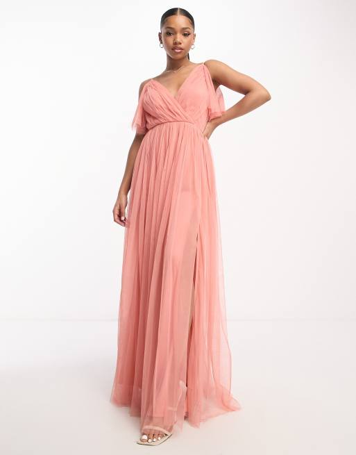 Vestido de dama de honor largo rosa coral con escote y espalda de pico de Anaya, 4 de 4