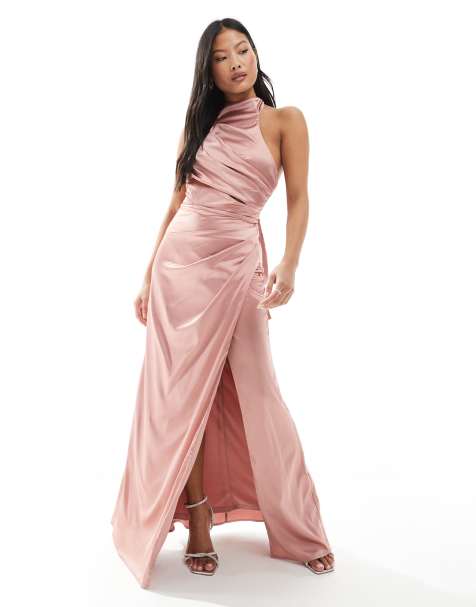 Vestido de dama de honor largo rosa empolvado con cuello subido y lazo en la espalda de satén de TFNC Petite - view 1