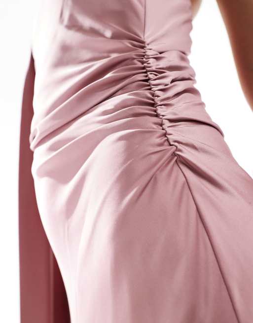 Vestido de dama de honor largo rosa malva asimétrico con fular al cuello de satén de TFNC, 2 de 4