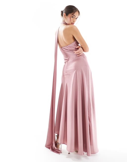 Vestido de dama de honor largo rosa malva asimétrico con fular al cuello de satén de TFNC, 3 de 4