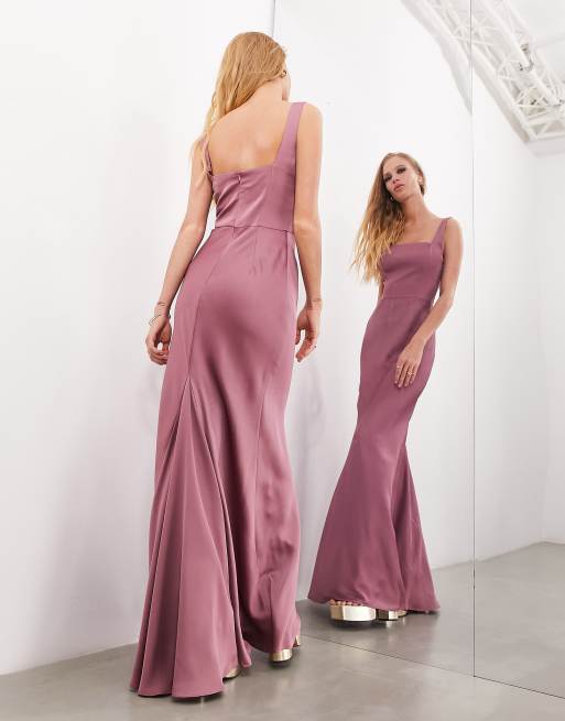 Vestido de dama de honor largo rosa orquidea con escote cuadrado de saten de ASOS DESIGN