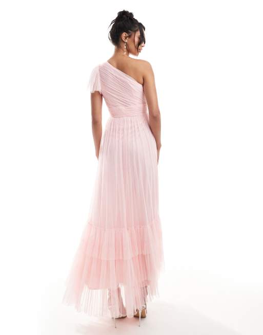 Vestido de dama de honor largo rosa pálido asimétrico de tul Madison de Lace & Beads, 4 de 4