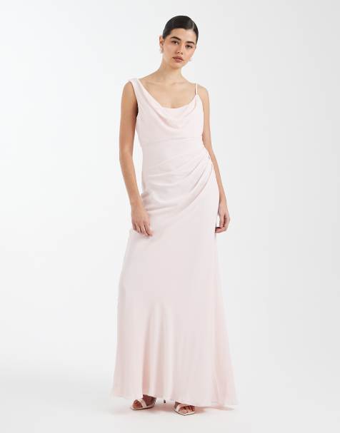 Vestido de dama de honor largo rosa pastel con cuello desbocado asimétrico de crepé de Six Stories - view 1