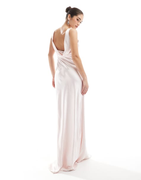Vestido de dama de honor largo rosa pastel con espalda desbocada de satén de Six Stories - view 1