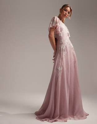 Penelope Escote En V Gasa Corto Vestido De Dama De Honor Rosa Perlado