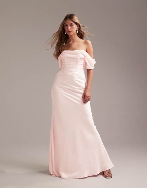 Vestido de dama de honor largo rosa suave con escote Bardot de satén de ASOS DESIGN - view 1