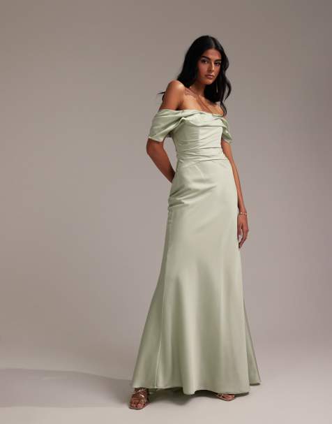 Vestido de dama de honor largo verde claro con escote Bardot de satén de ASOS DESIGN - view 1