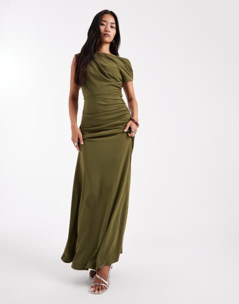 Vestido de dama de honor largo verde elástico con diseño asimétrico y detalle fruncido en el hombro de Six Stories - view 1