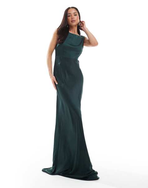 Vestido de dama de honor largo verde esmeralda con espalda desbocada de satén de Six Stories - view 1