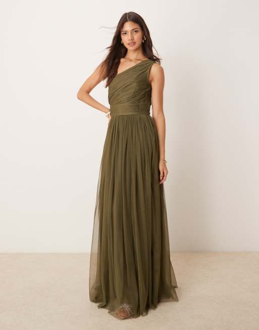 Vestido de dama de honor largo verde oliva intenso asimétrico de tul de Lace & Beads, 3 de 4