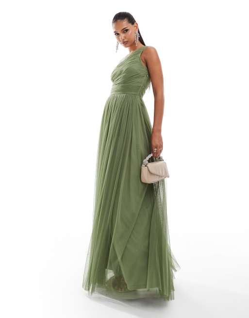 Vestido de dama de honor largo verde oliva pálido asimétrico de tul de Lace & Beads, 3 de 4