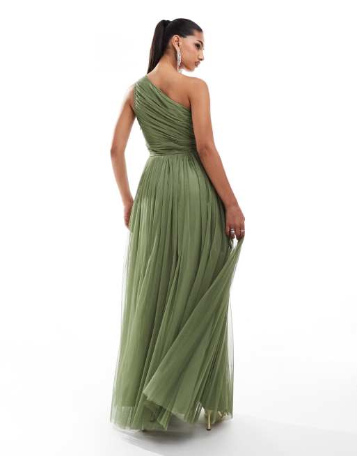 Vestido de dama de honor largo verde oliva pálido asimétrico de tul de Lace & Beads, 4 de 4