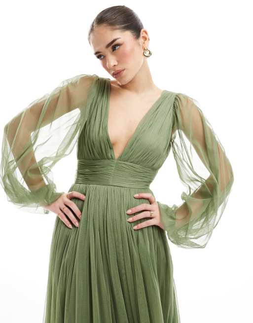 Vestido de dama de honor largo verde oliva tenue de manga larga Madison de Lace & Beads, 4 de 4