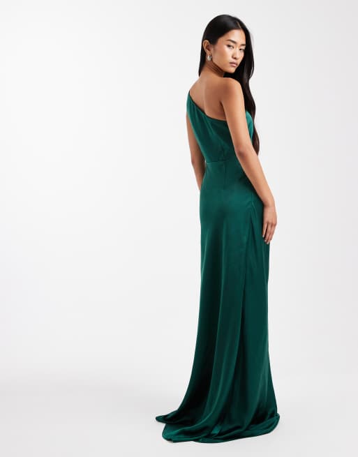 Vestido de dama de honor largo verde oscuro asimétrico de satén de Six Stories, 3 de 4