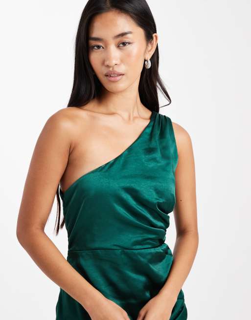 Vestido de dama de honor largo verde oscuro asimétrico de satén de Six Stories, 4 de 4