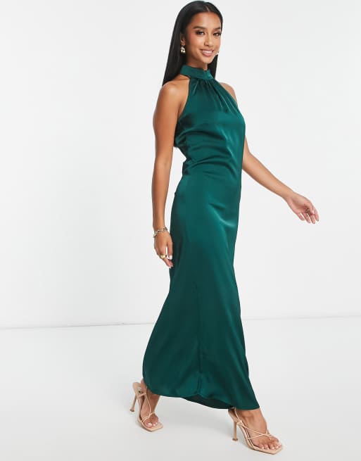 Vestido de dama de honor largo verde oscuro con cuello halter de satén de Vila Petite, 4 de 4
