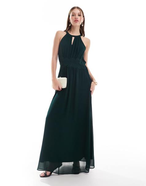 Vestido de dama de honor largo verde oscuro con cuello halter de Vila - view 1