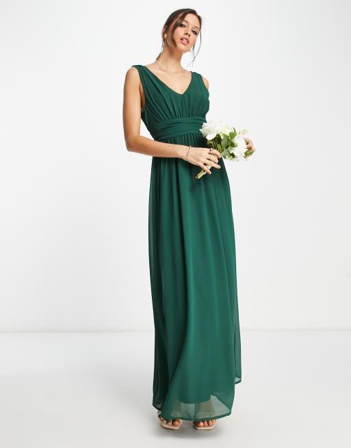 Vestido de dama de honor largo verde pino con lazada en la espalda de Vila