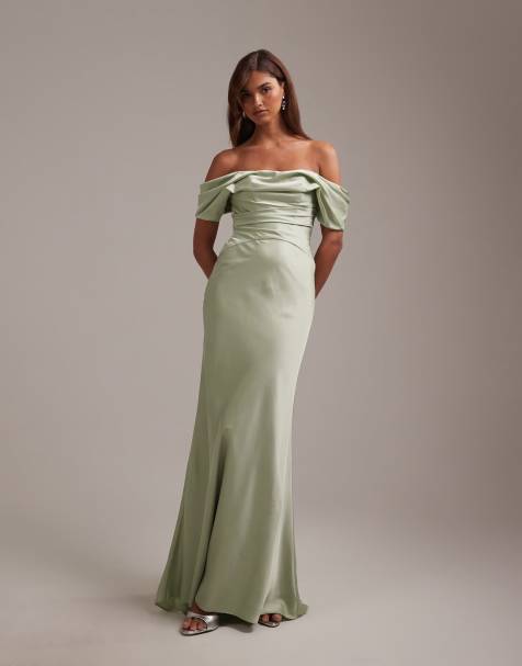 Vestido de dama de honor largo verde salvia con escote Bardot de satén de ASOS DESIGN - view 1