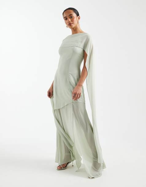 Vestido de dama de honor largo verde salvia con falda de chifón transparente y detalle de fular de TFNC Petite - view 1