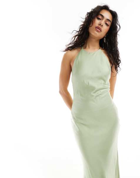Vestido de dama de honor largo verde salvia con lazada en la espalda y detalle de botones de satén de TFNC - view 1