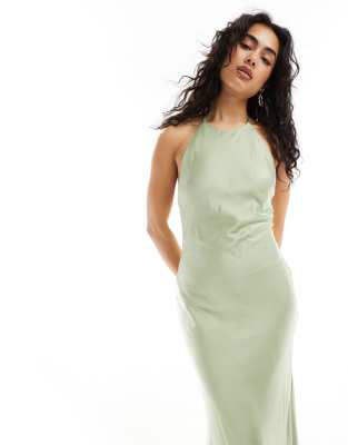Vestido de dama de honor largo verde salvia con lazada en la espalda y detalle de botones de satén de TFNC