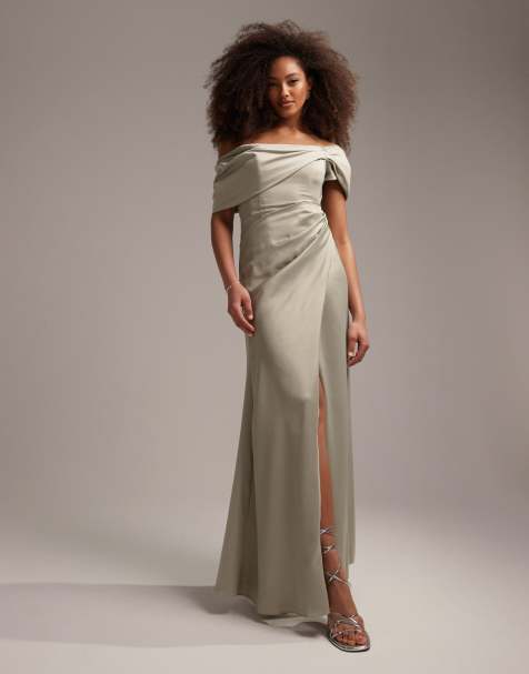 Vestido de dama de honor largo verde salvia cruzado con escote Bardot drapeado de satén de ASOS DESIGN - view 1