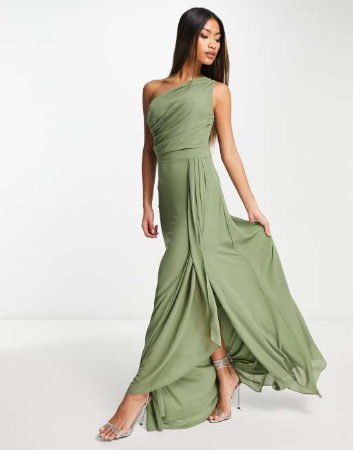 Vestido de dama de honor largo verde salvia negruzco con diseño asimétrico drapeado de chifón de TFNC, 4 de 4
