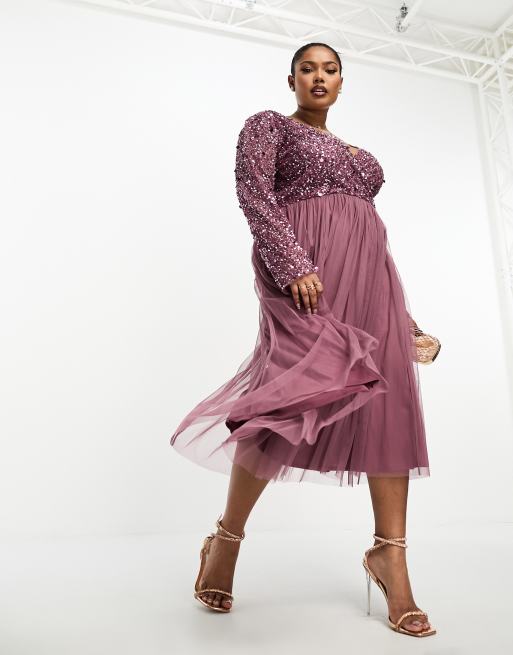Vestido de dama de honor midi color malva adornado de manga larga de Beauut Plus