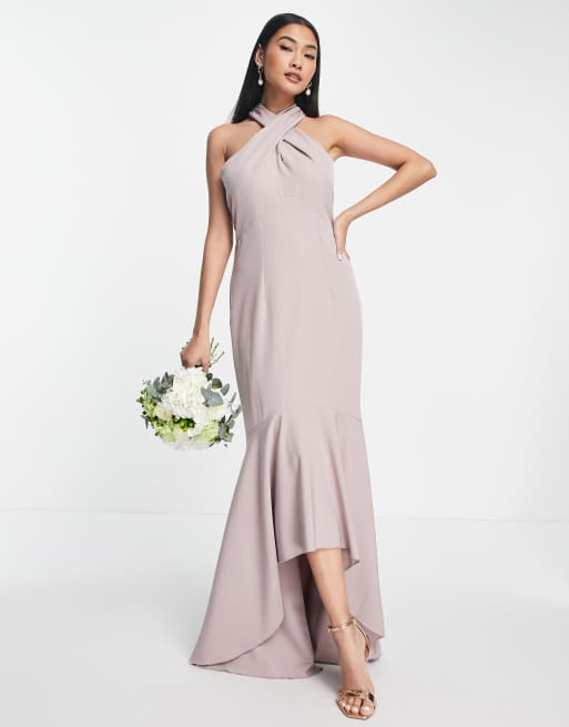 Vestido de dama de honor midi color visón con parte delantera cruzada de Little Mistress