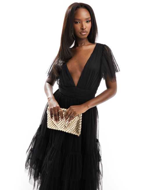 Vestido de dama de honor midi negro con cuello de pico de tul Madison de Lace & Beads, 4 de 4