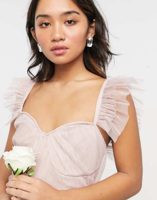 Vestido de dama de honor midi rosa con falda de tul y volantes en las mangas de Anaya With Love Petite, 3 de 4