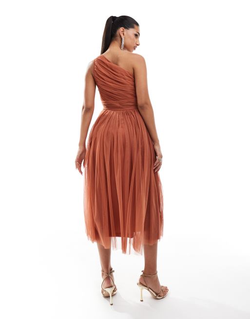 Vestido de dama de honor midi rosa terracota asimétrico de tul de Lace & Beads, 4 de 4