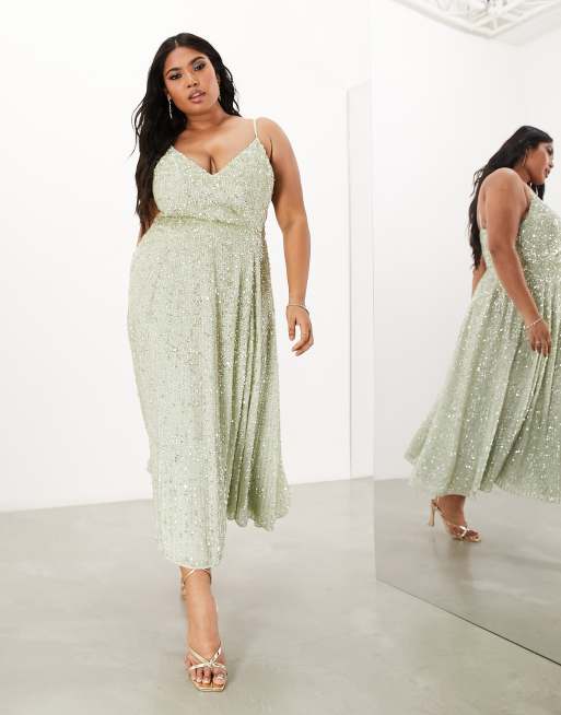 Vestido de dama de honor midi verde salvia de tirantes con diseño adornado de ASOS DESIGN Curve 