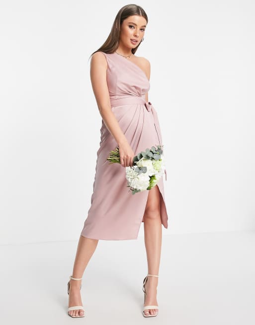 Vestido de dama de honor rosa polvoriento cruzado y asimétrico de Little Mistress