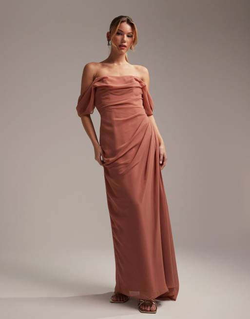 Vestido de dama de honor semilargo rosa polvoriento drapeado con escote Bardot de ASOS DESIGN