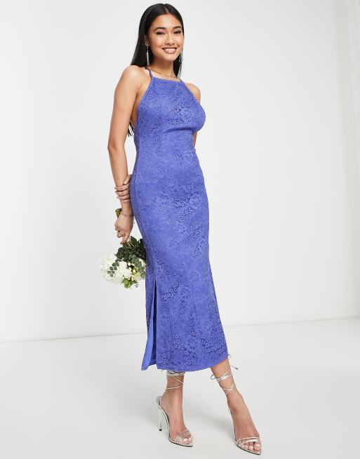 Vestido de damas de honor largo azul con espalda baja de encaje de Little Mistress