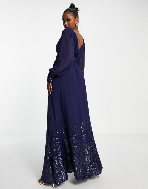 Vestido de graduación largo azul marino de manga larga de Goddiva