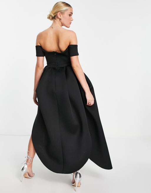 Vestido de graduación largo negro de cocoon con escote Bardot e insertos de malla ASOS | ASOS