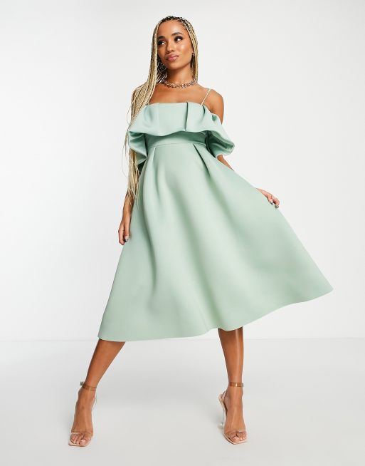Vestido de graduaci n midi color salvia con detalle tipo abanico de ASOS DESIGN