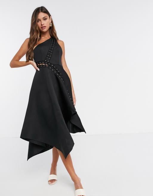 Vestido de graduación midi con escote y bajo asimétricos y detalle de ojales y cordones de ASOS DESIGN