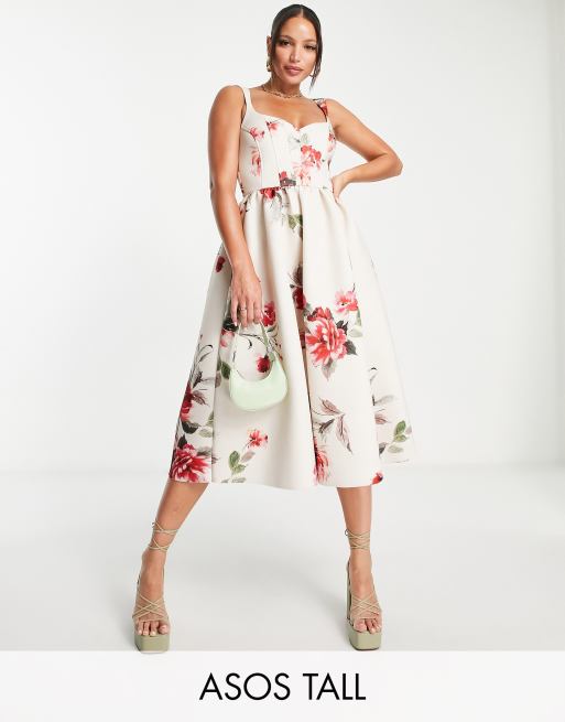 Vestido de graduacion midi con estampado floral y costuras tipo corse de ASOS DESIGN Tall