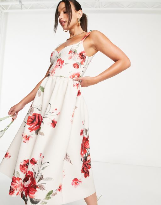 Vestido de graduacion midi con estampado floral y costuras tipo corse de ASOS DESIGN Tall