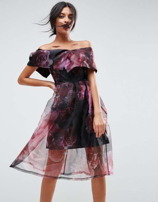 Vestido de graduación midi en organza con flores de ASOS