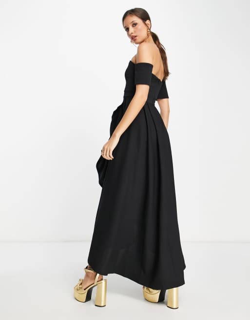 Vestido de graduación negro asimétrico con escote Bardot de True Violet, 2 de 4
