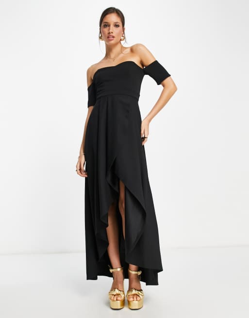Vestido de graduación negro asimétrico con escote Bardot de True Violet, 4 de 4