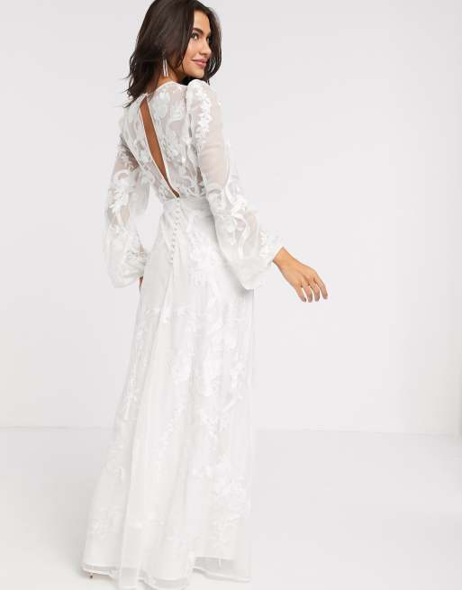 Vestido de novia blanco con diseño bordado y mangas tipo blusón de ASOS DESIGN
